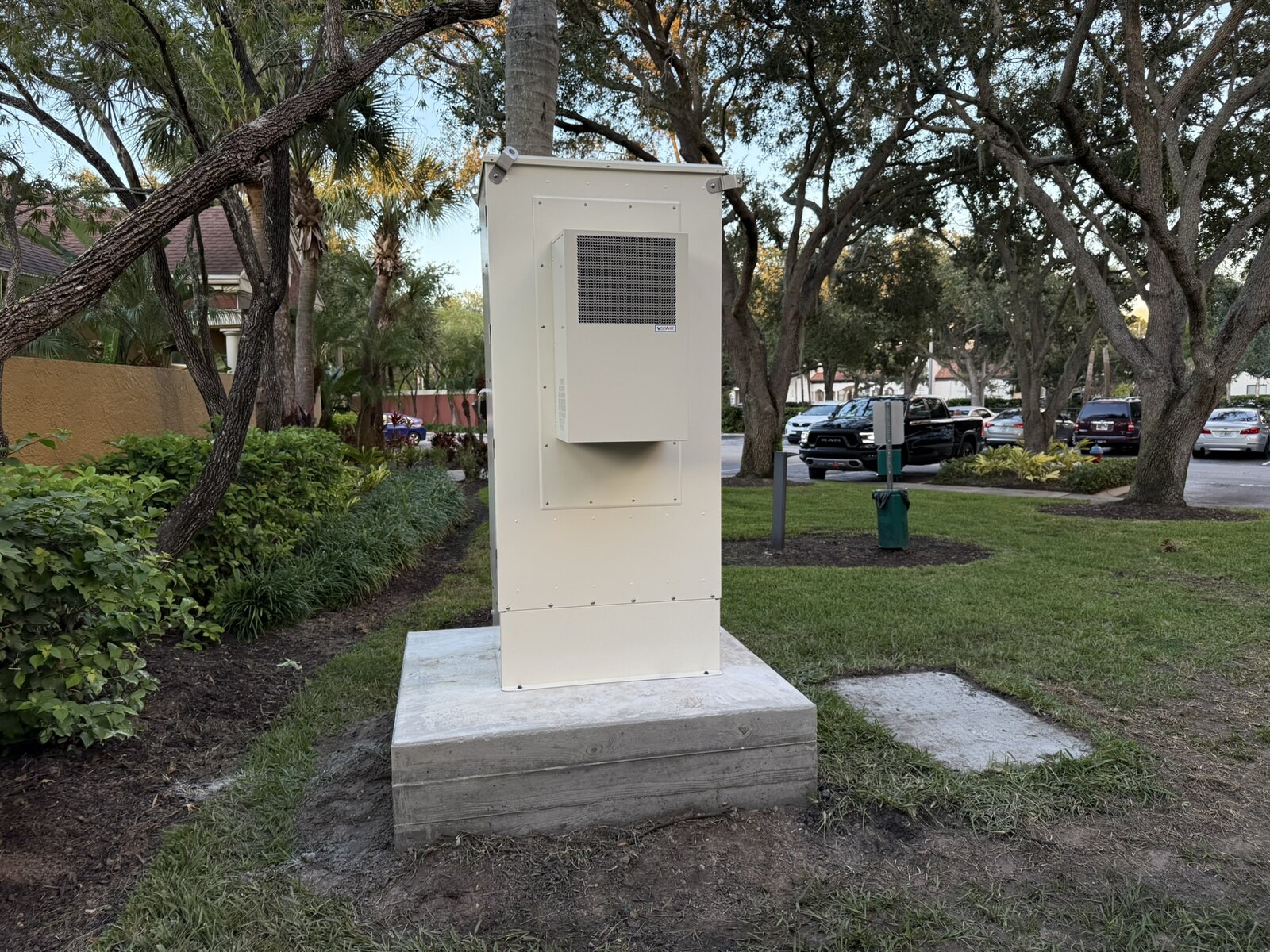 Rear view of a ventilated exterior telecommunications cabinet
