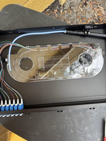 Organized fiber strands routed through a clear splice enclosure
